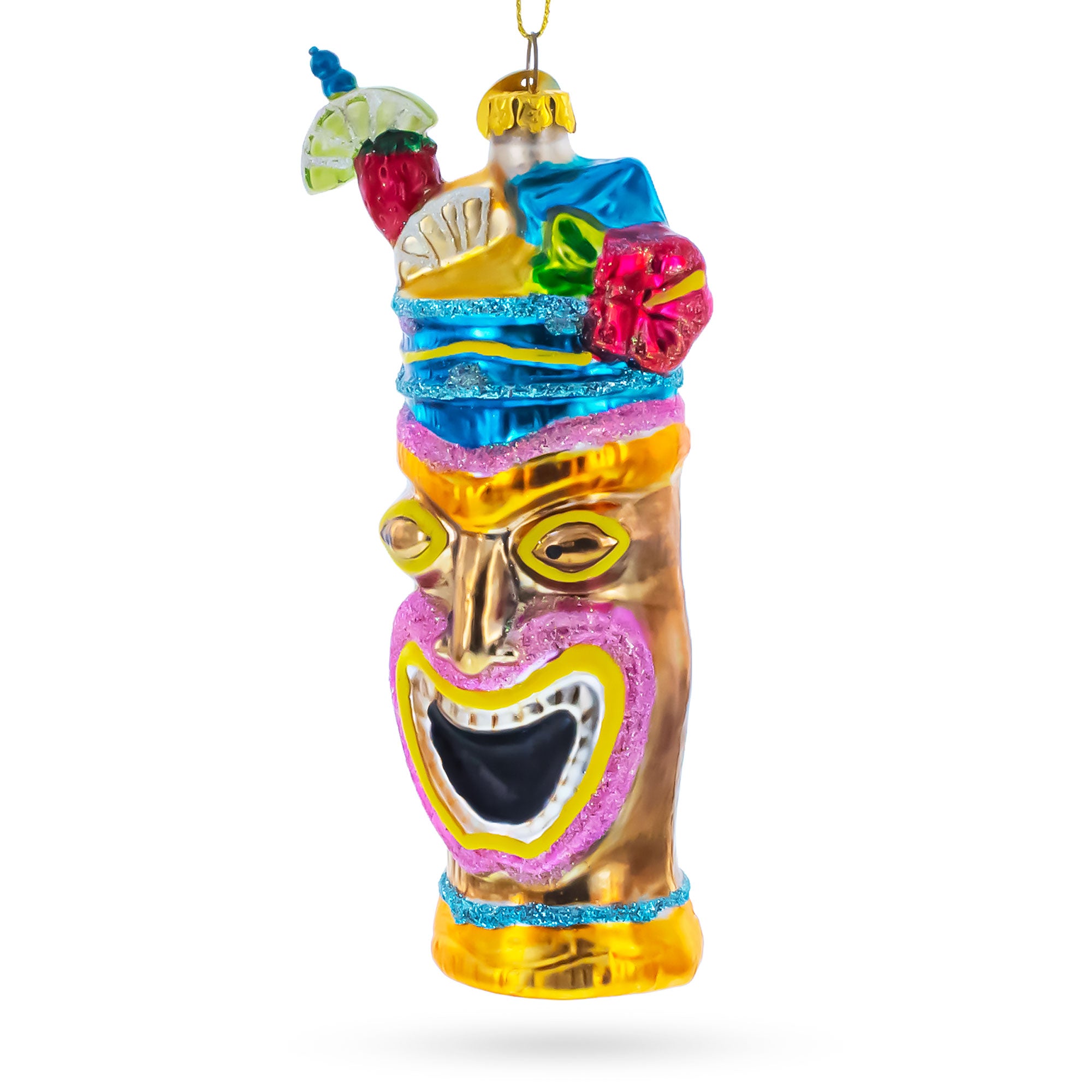 Hawaiian Tiki Totem with Tropical Cocktail Glass Christmas OrnamentChina , dimensions in inches: 5.2 x 1.7 x 2.3