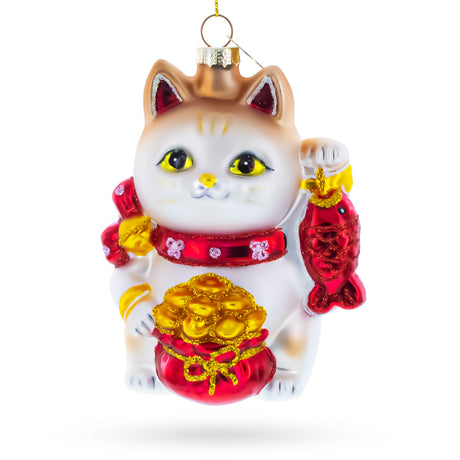 Lucky Maneki Neko Fortune Cat with Gold Coins Blown Glass Christmas Ornament in Multi color Figurine