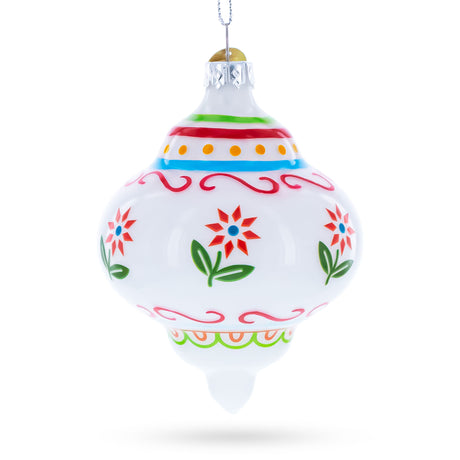 White Finial with Red Floral Pattern Blown Glass Christmas Ornament in White color Finial