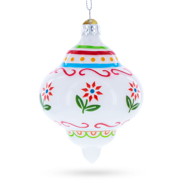 White Finial with Red Floral Pattern Blown Glass Christmas Ornament in White color Finial