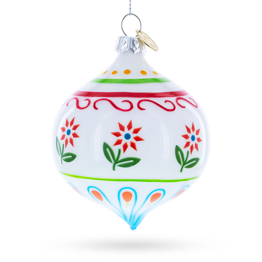 Floral Finial Drop Glass Christmas Ornament in White color Finial