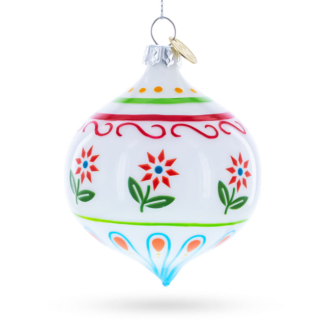 White Floral Pattern Finial Blown Glass Christmas Ornament in White color Finial