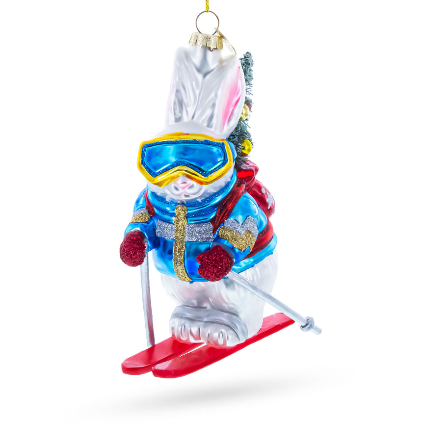 Skiing Bunny with Backpack Blown Glass Christmas Ornament in Multi color Figurine