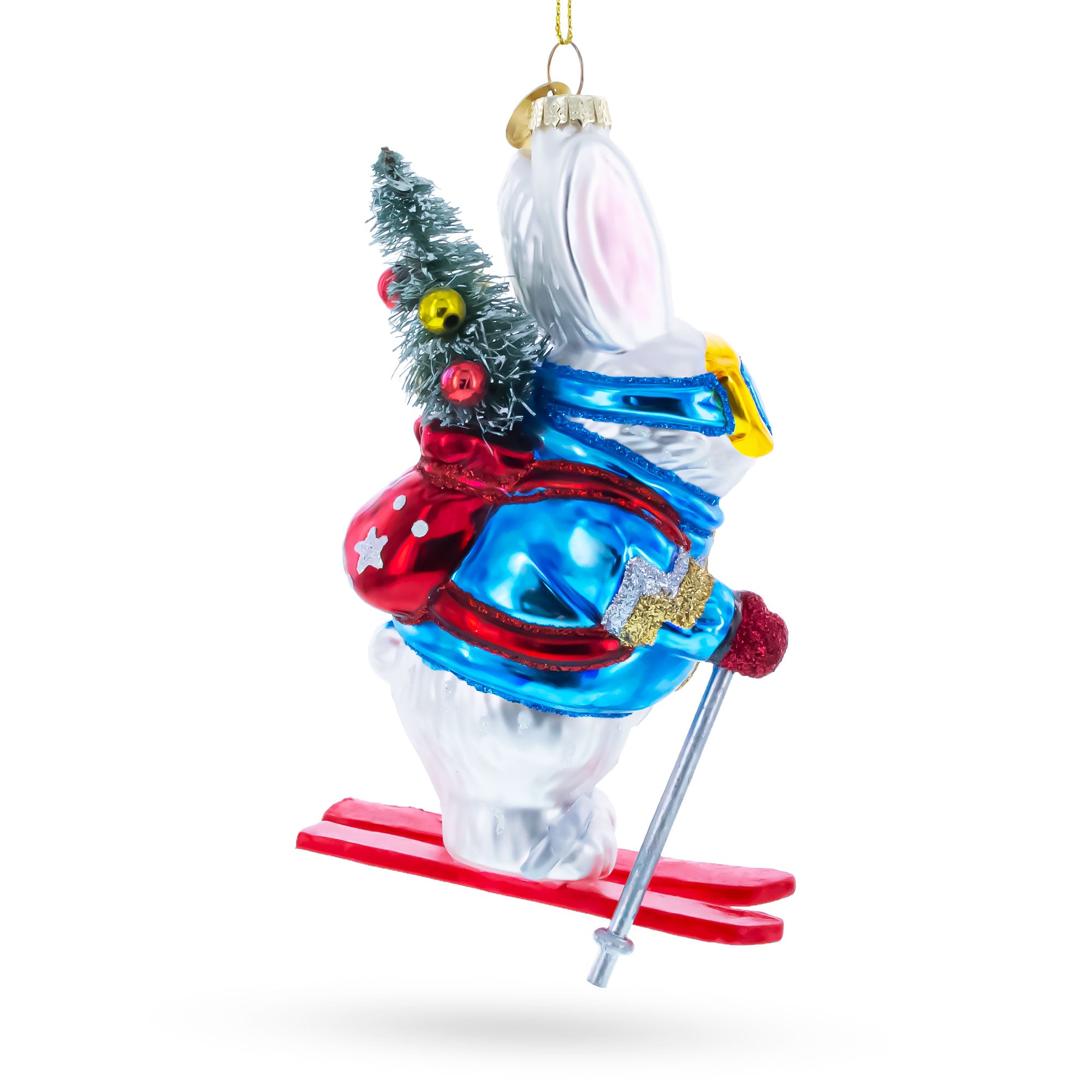 Skiing Bunny Rabbit Wearing Goggles Glass Christmas OrnamentChina , dimensions in inches: 6.1 x 3.1 x 2.1