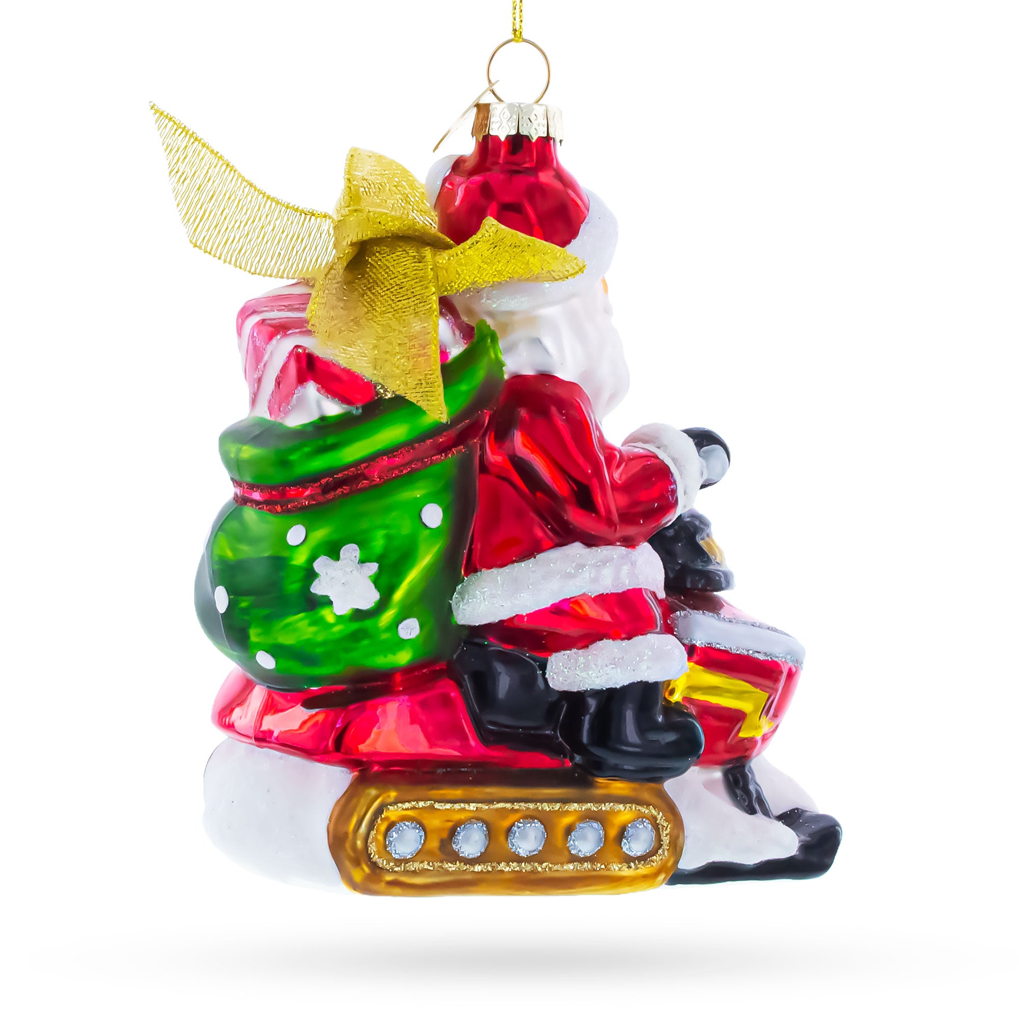 Santa Delivering Gifts on a Snowmobile Glass Christmas OrnamentChina , dimensions in inches: 5 x 4 x 2.1