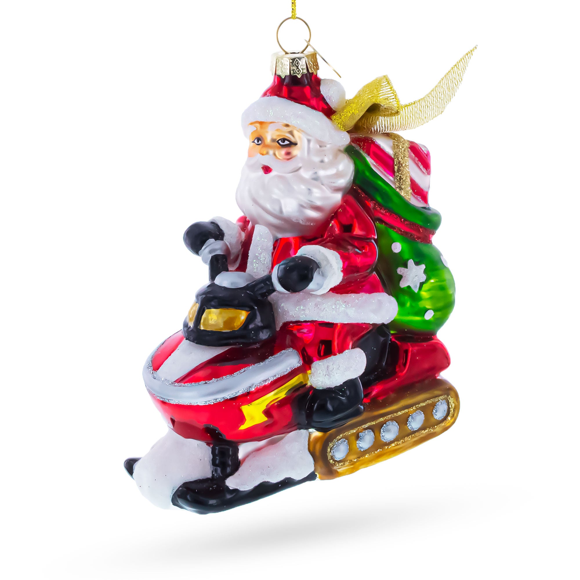 Santa Delivering Gifts on a Snowmobile Glass Christmas Ornament in Red color Figurine
