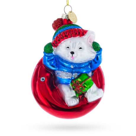 Puppy on Snow Tube Blown Glass Christmas Ornament in Multi color Figurine