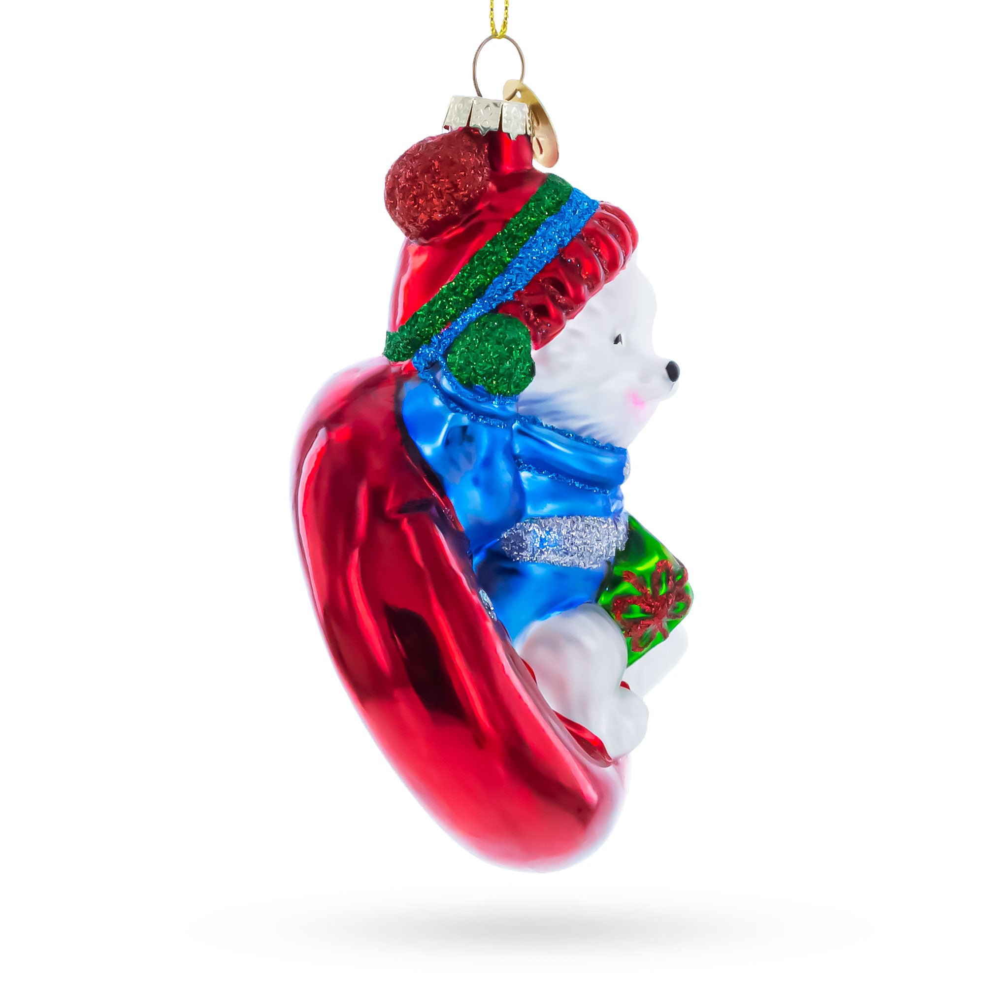 Puppy on Snow Tube Glass Christmas OrnamentChina , dimensions in inches: 4.9 x 2.2 x 3.3