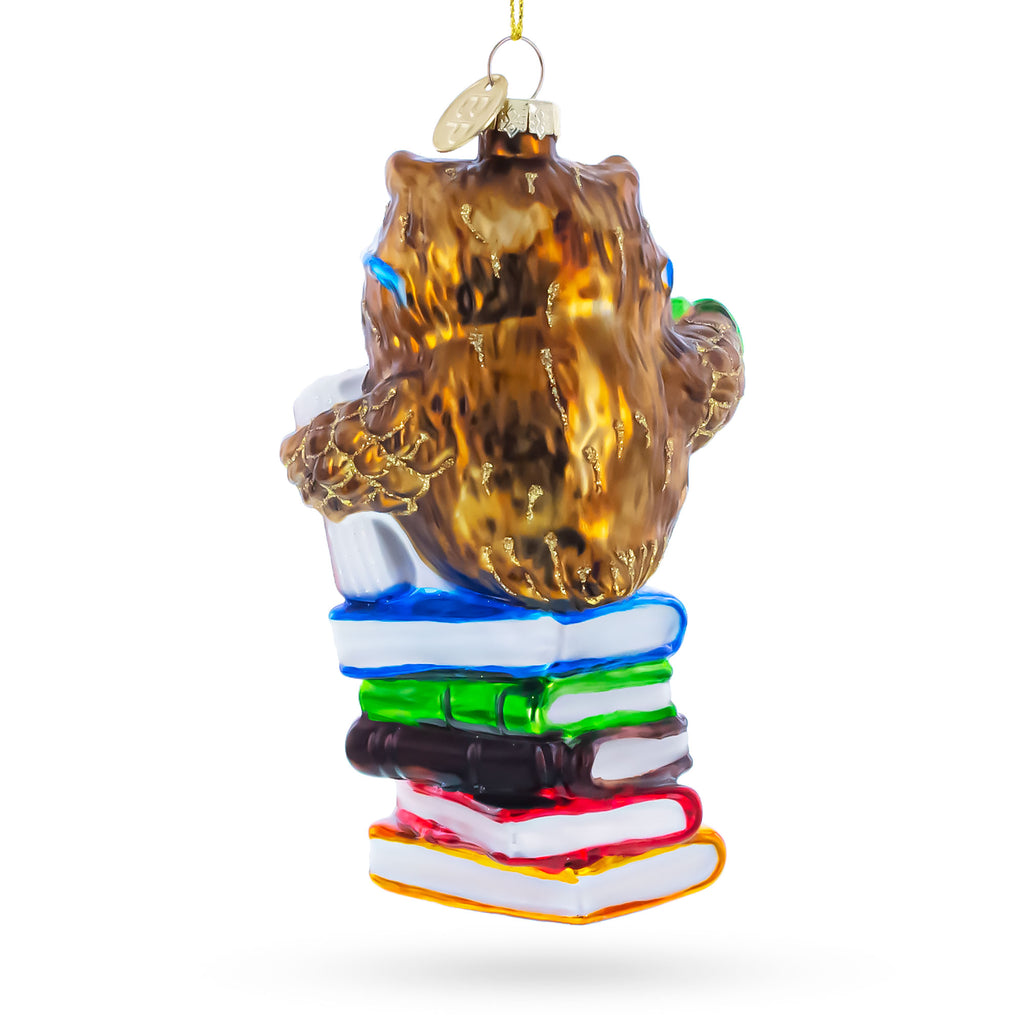 Love to Read Wise Owl with Books Glass Christmas OrnamentChina , dimensions in inches: 5 x 2.1 x 2.9