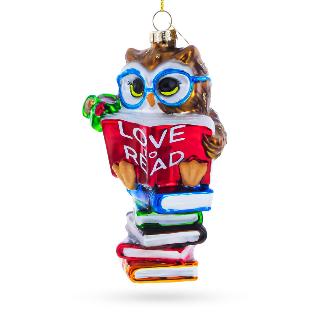 Love to Read Wise Owl with Books Glass Christmas Ornament in Red color Figurine