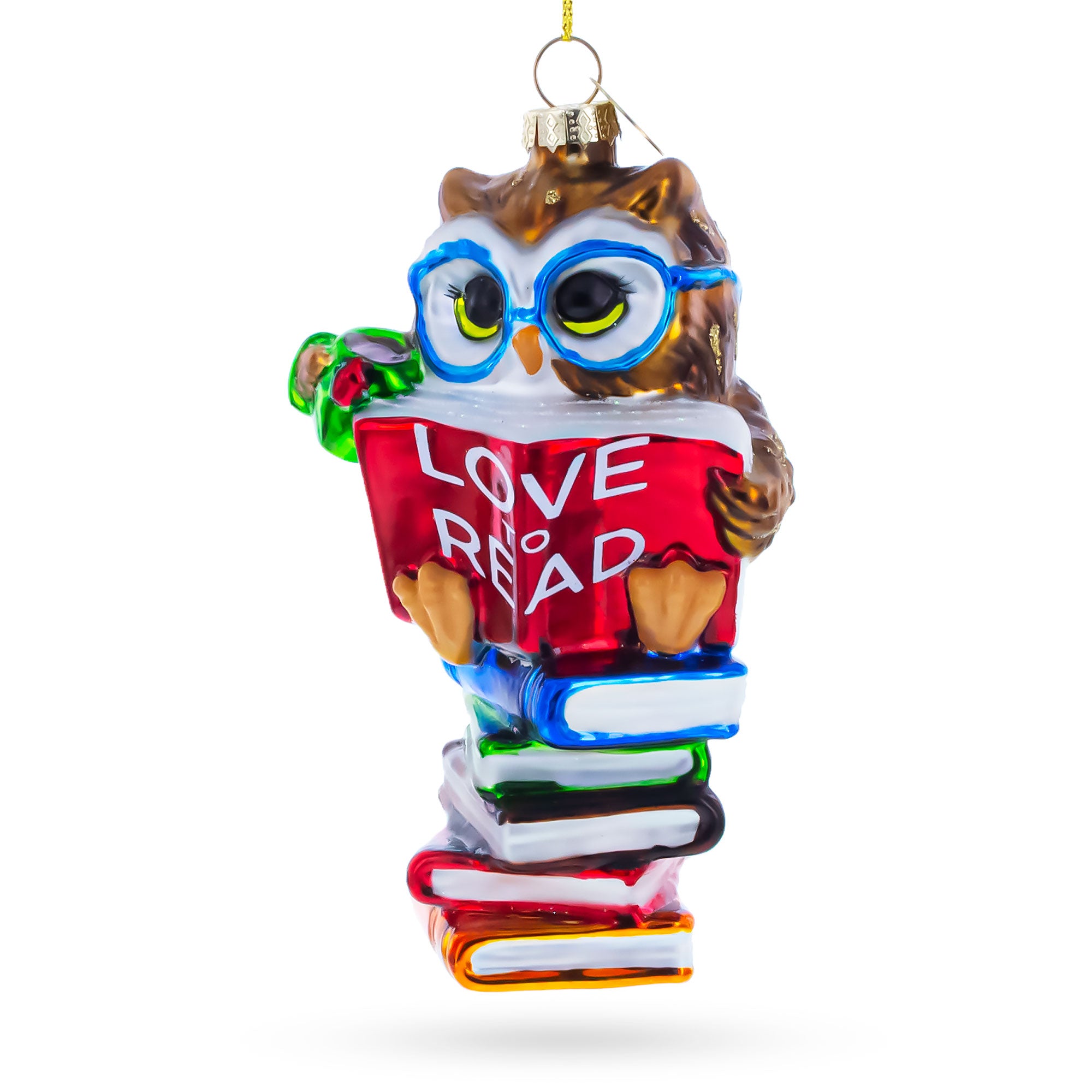 Love to Read Wise Owl with Books Glass Christmas Ornament in Red color Figurine