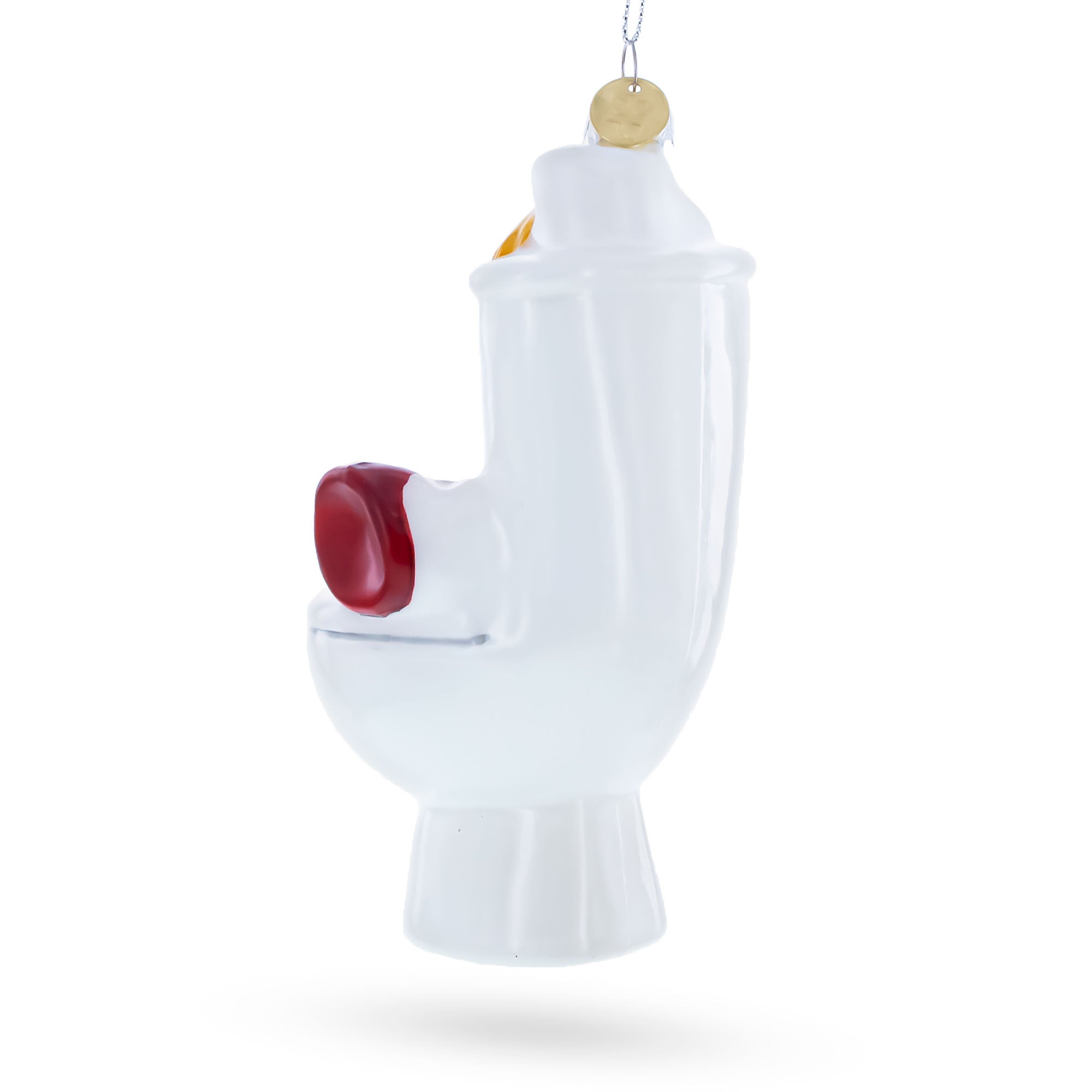 Fix It Plumber Throne with Plunger and Wrench Glass Christmas OrnamentChina , dimensions in inches: 5.5 x 2.6 x 2.5