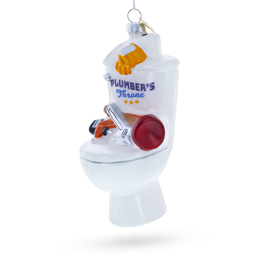 Fix-It Plumber Throne with Plunger & Wrench Blown Glass Christmas Ornament in White color Figurine
