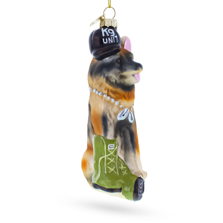 German Shepherd K9 Hero Service Dog Blown Glass Christmas Ornament , dimensions in inches: 5.8 x 2.7 x 1.7