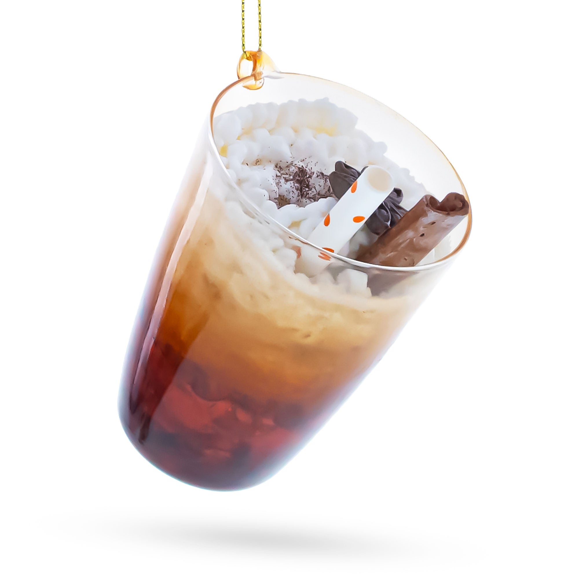 Whipped Latte Holiday Drink with Cinnamon Stick Glass Christmas OrnamentChina , dimensions in inches: 3.7 x 2.4 x 2.2