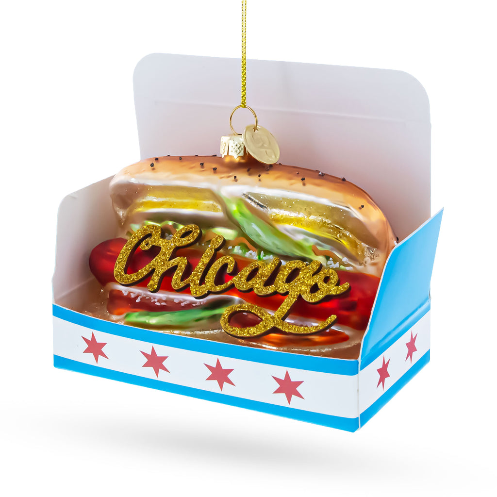 Chicago Style Hot Dog Glass Christmas Ornament in Multi color Figurine