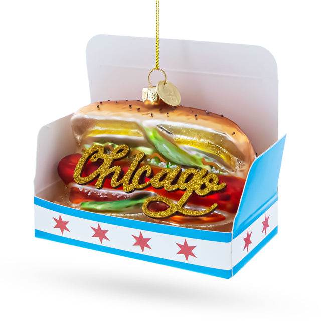 Chicago Style Hot Dog Blown Glass Christmas Ornament in Multi color Figurine