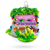 Florida Palm Tree Welcome Sign Blown Glass Christmas Ornament in Green color Figurine
