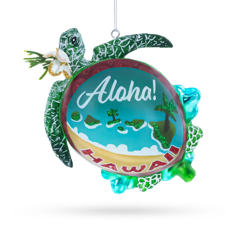 Hawaiian Aloha Turtle Blown Glass Christmas Ornament in Blue color Figurine