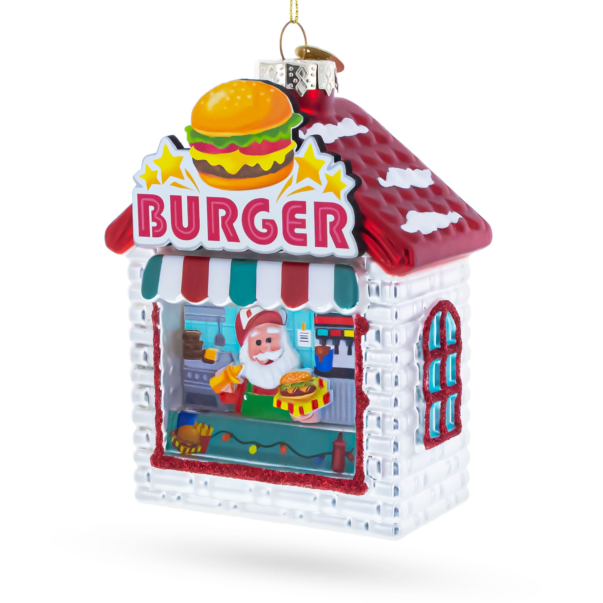 Santa’s Holiday Burger Stand Glass Christmas Ornament in Silver color Figurine