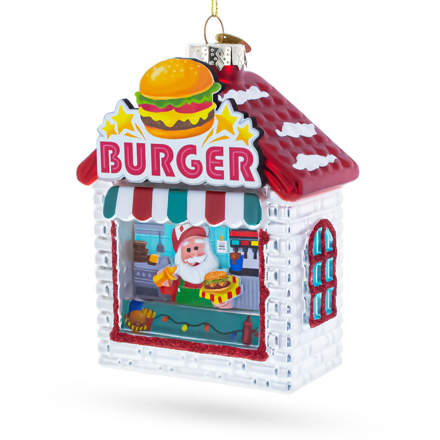 Santa’s Holiday Burger Stand Blown Glass Christmas Ornament in Multi color Figurine