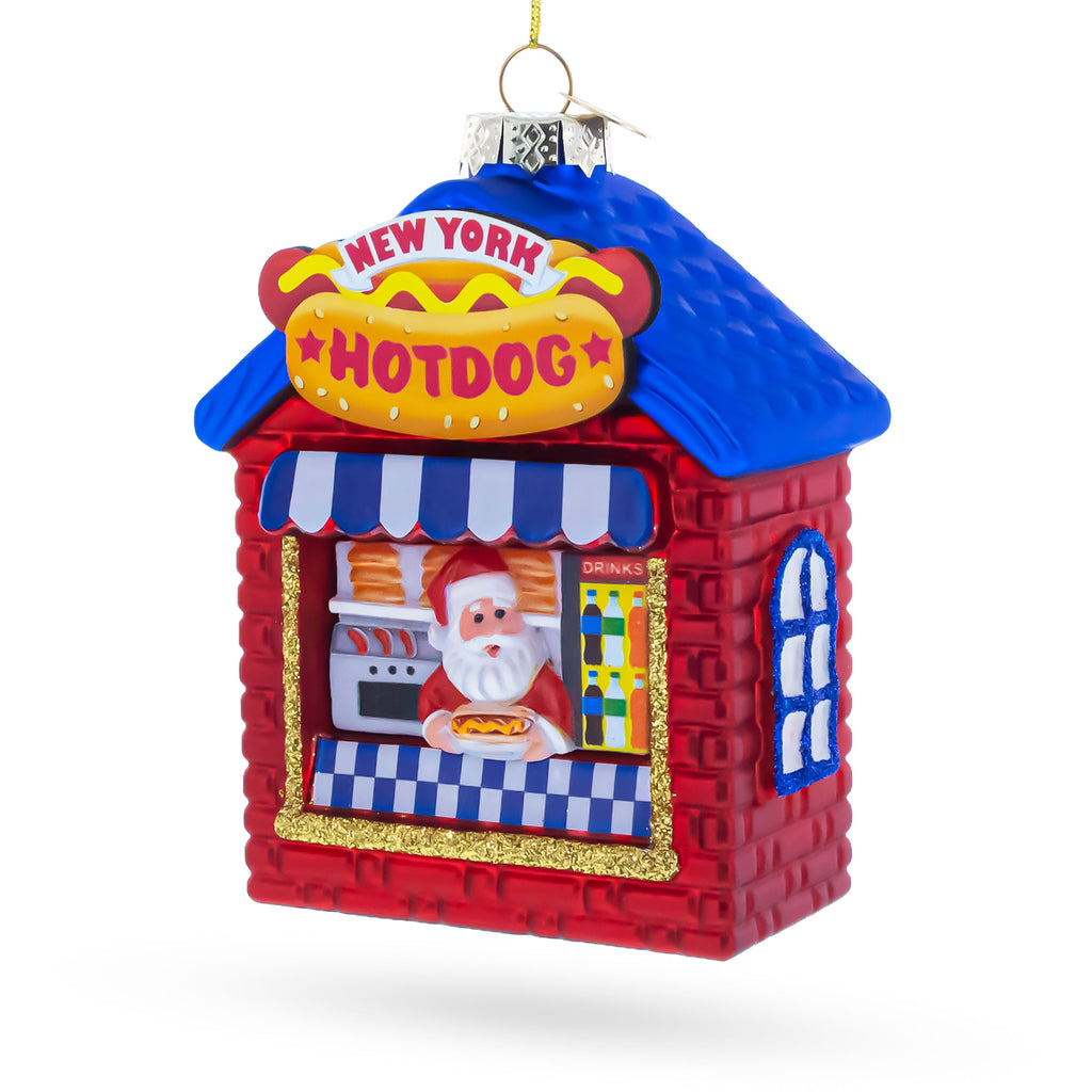 New York Hot Dog Stand with Santa Glass Christmas Ornament in Red color Figurine