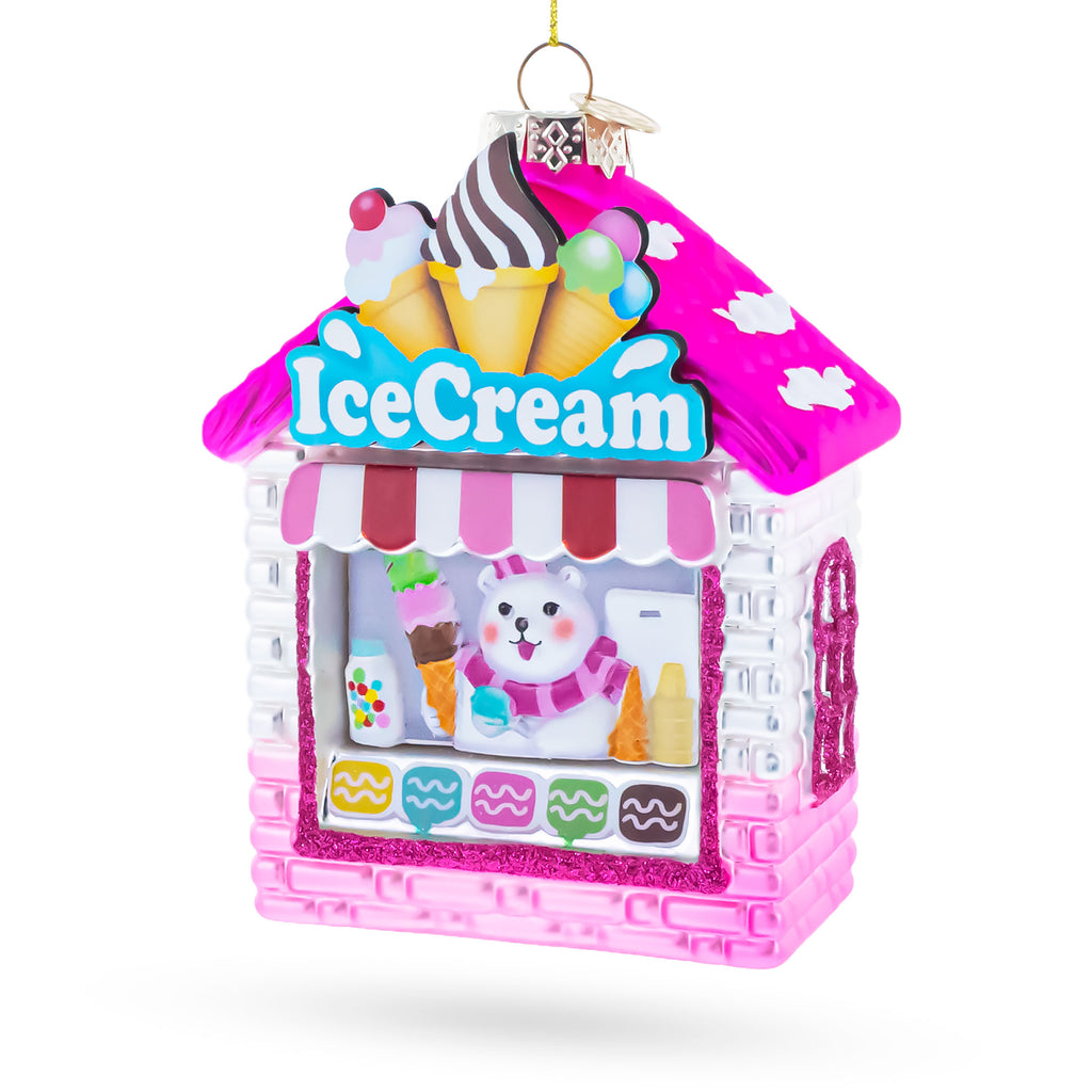 Ice Cream Shop with Polar Bear Glass Christmas Ornament in Pink color Figurine