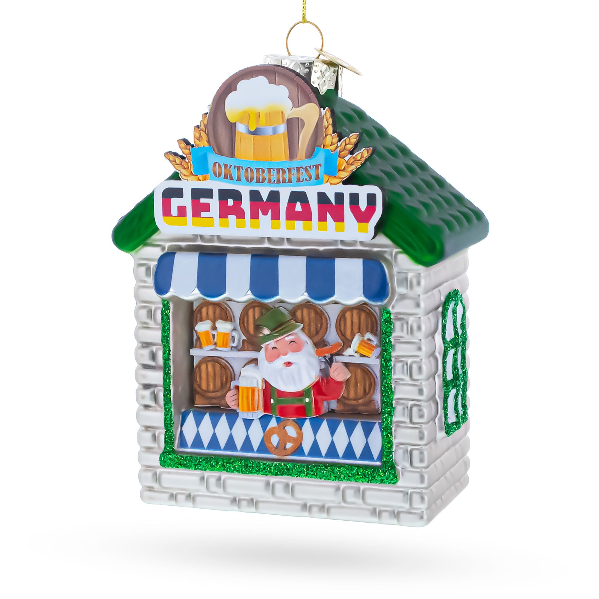 Oktoberfest Santa Beer Stand Glass Christmas Ornament in Silver color Figurine