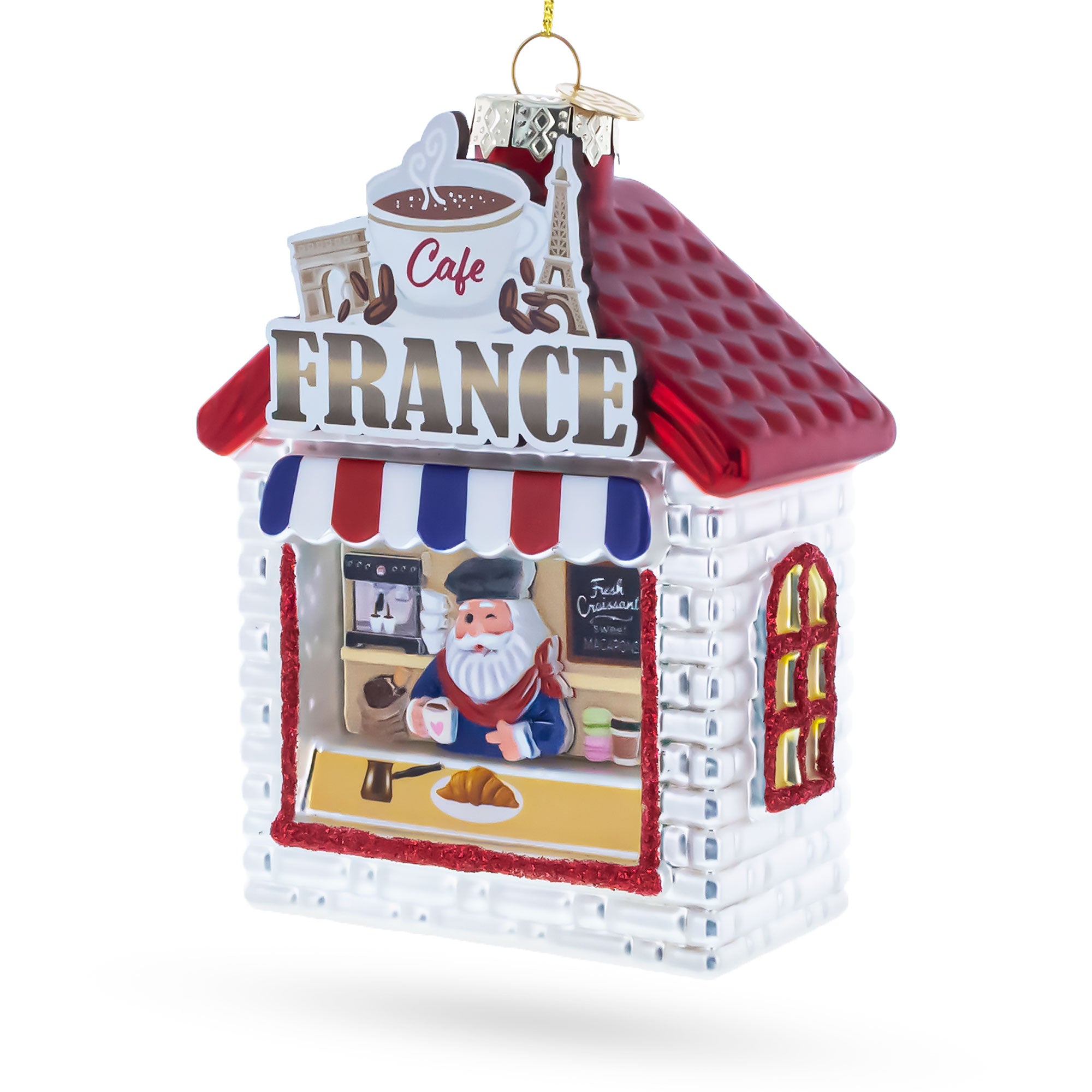 French Cafe with Santa Glass Christmas Ornament in White color Figurine