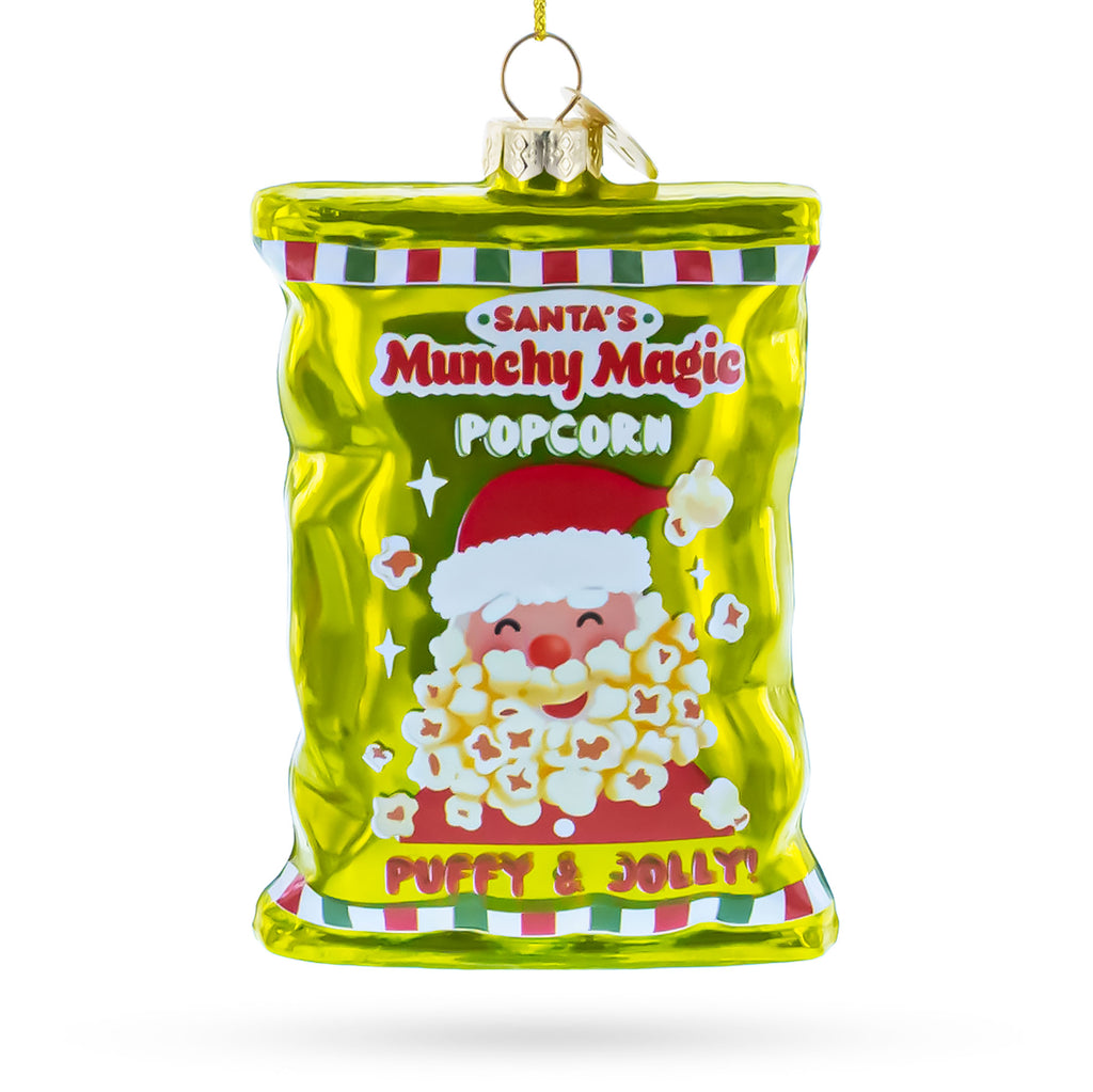 Santa’s Christmas Popcorn Bag Glass Christmas Ornament in Green color Figurine