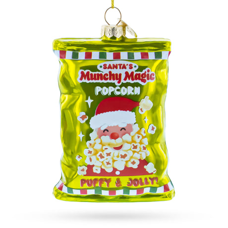 Santa’s Christmas Popcorn Bag Blown Glass Christmas Ornament in Green color Figurine
