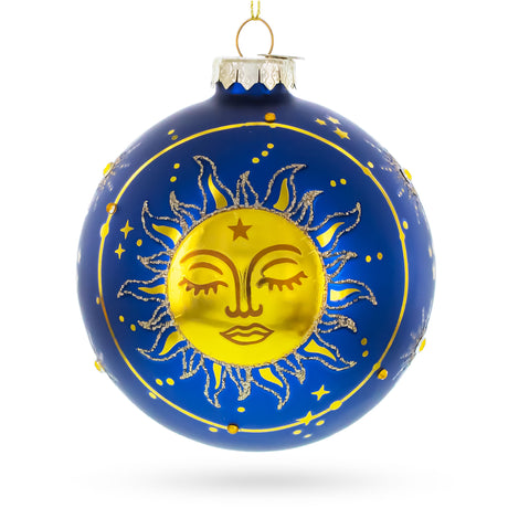 Blue Celestial Sun Face and Moon Glass Ball Christmas Ornament in Blue color Round
