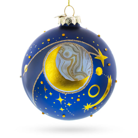 Blue Celestial Planets and Shooting Star Glass Ball Christmas Ornament in Blue color Round