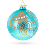 Ocean Jellyfish and Coral Teal Glass Ball Christmas Ornament in Turquoise color Round