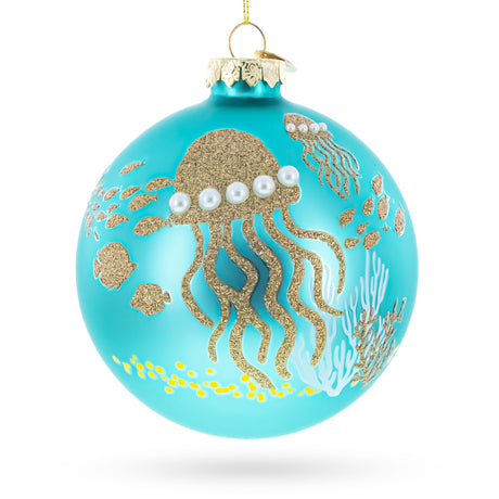 Ocean Jellyfish and Coral Teal Glass Ball Christmas Ornament in Turquoise color Round