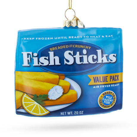 Fish Sticks Frozen Package Blown Glass Christmas Ornament in Blue color Figurine