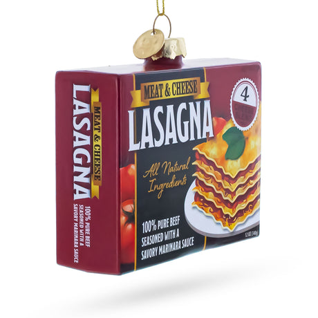 Lasagna Frozen Package Blown Glass Christmas OrnamentChina , dimensions in inches: 3.5 x 1.3 x 3.6