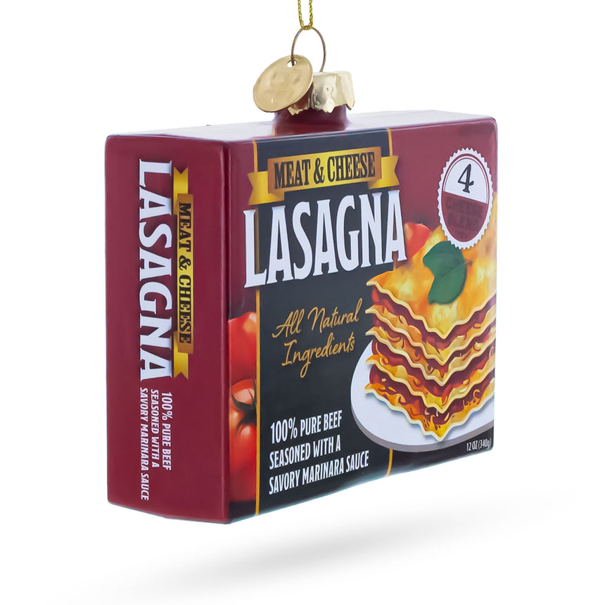 Lasagna Frozen Package Blown Glass Christmas OrnamentChina , dimensions in inches: 3.5 x 1.3 x 3.6