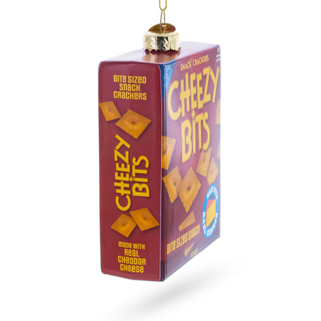Cheezy Bits Cracker Box Blown Glass Christmas OrnamentChina , dimensions in inches: 4.3 x 1.3 x 2.8