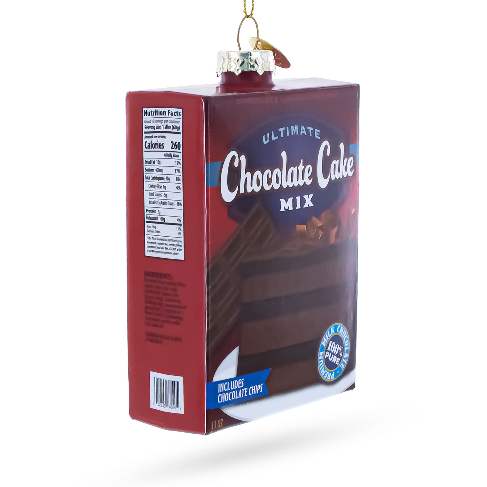 Chocolate Cake Mix Glass Christmas OrnamentChina , dimensions in inches: 4.4 x 1.2 x 2.8