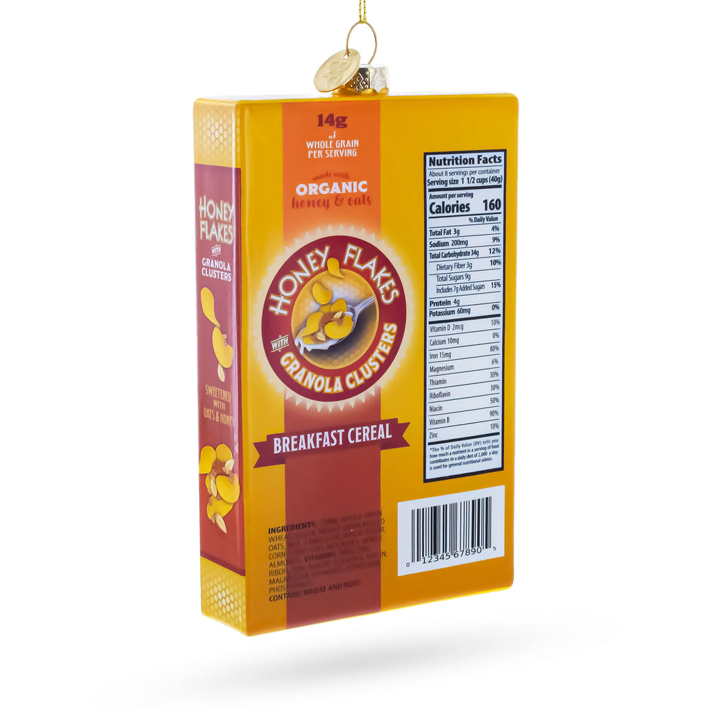 Honey Flakes Granola Cereal Glass Christmas OrnamentChina , dimensions in inches: 5.8 x 1 x 3.3