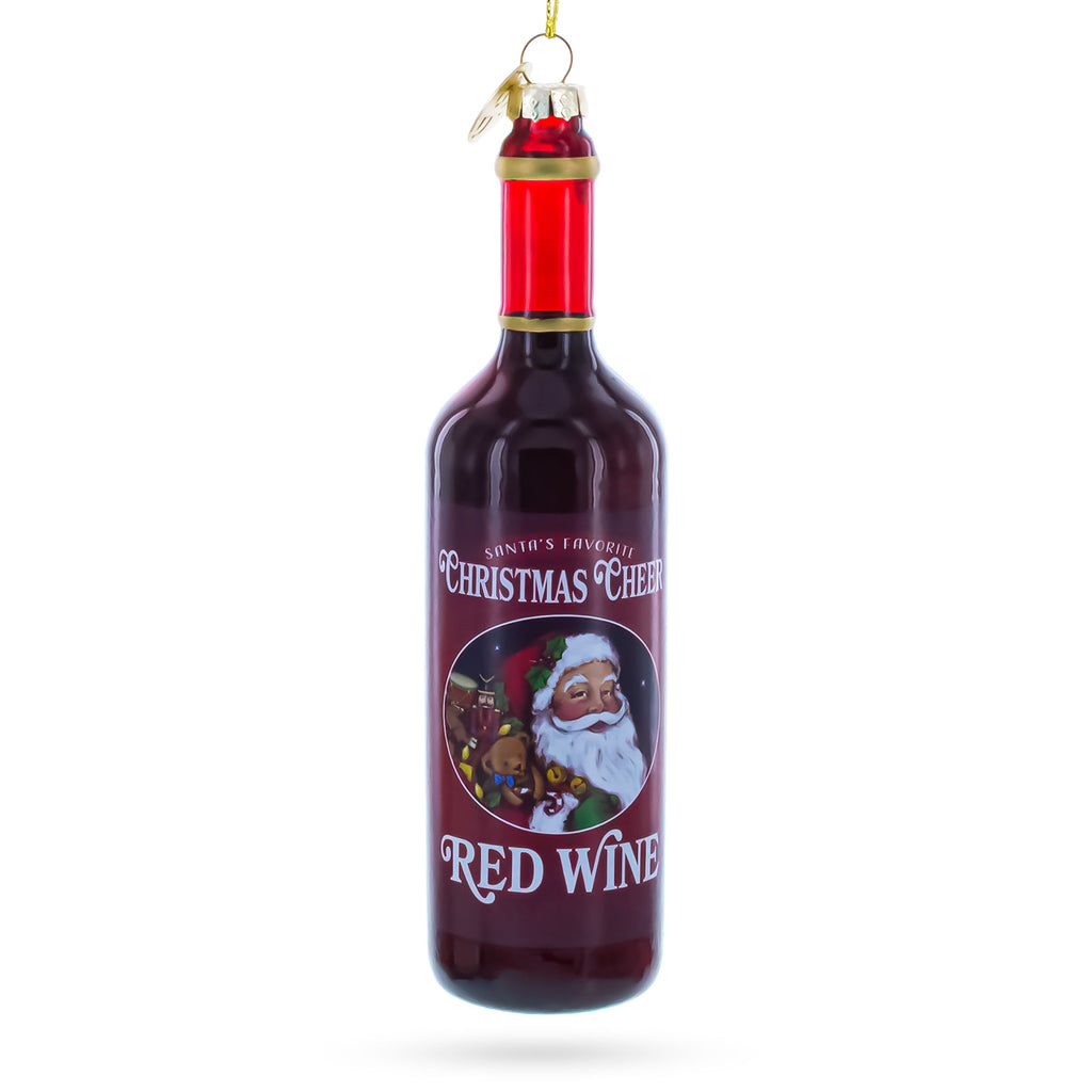 Santa’s Red Wine Bottle Glass Christmas Ornament in Red color Figurine