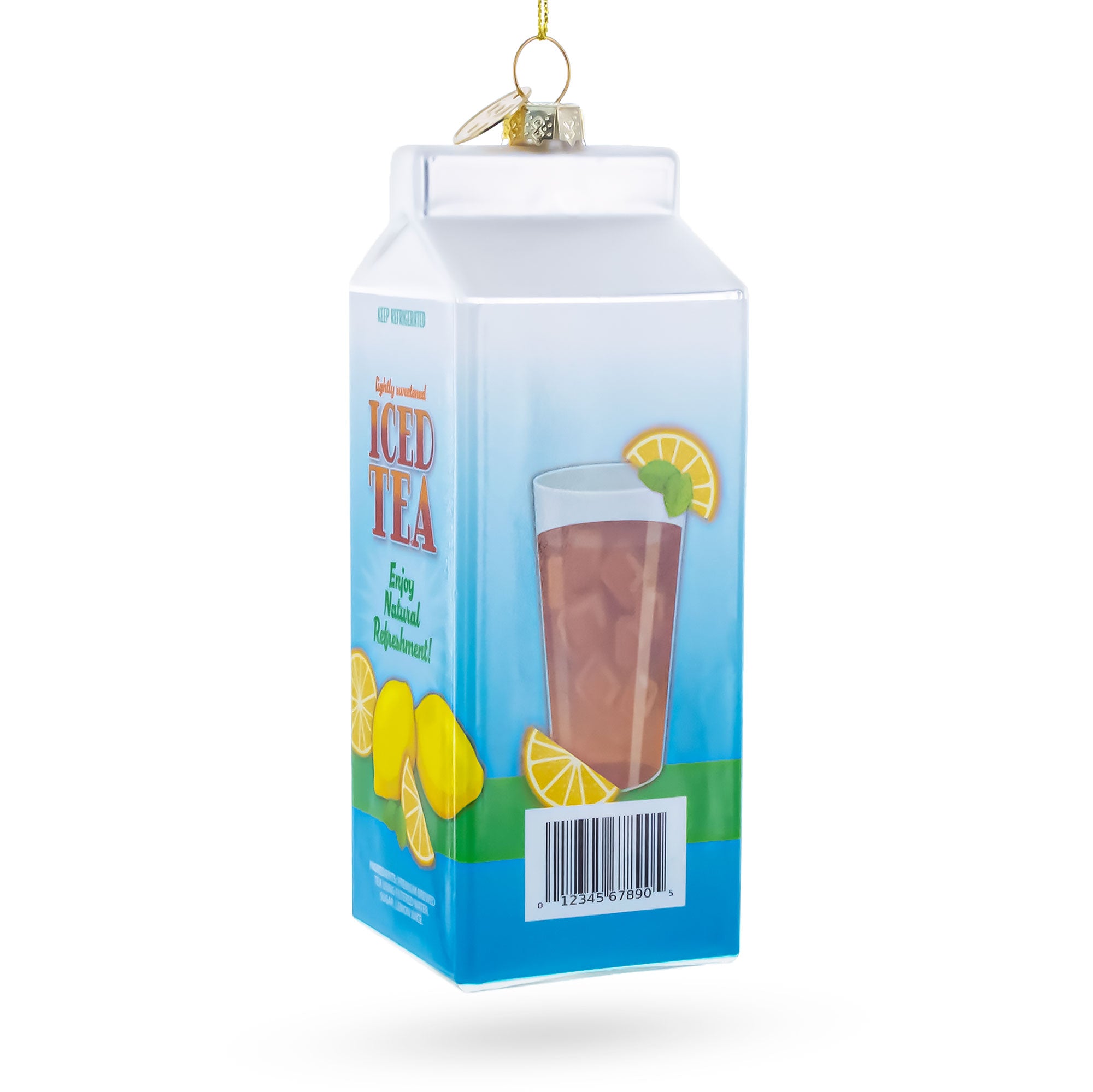 Iced Tea Carton Glass Christmas OrnamentChina , dimensions in inches: 5.6 x 1.9 x 1.9