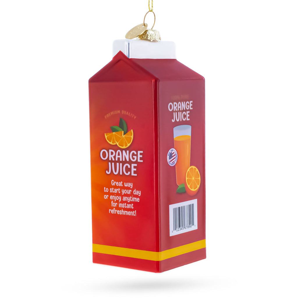 Orange Juice Carton Glass Christmas OrnamentChina , dimensions in inches: 5.6 x 1.9 x 1.9