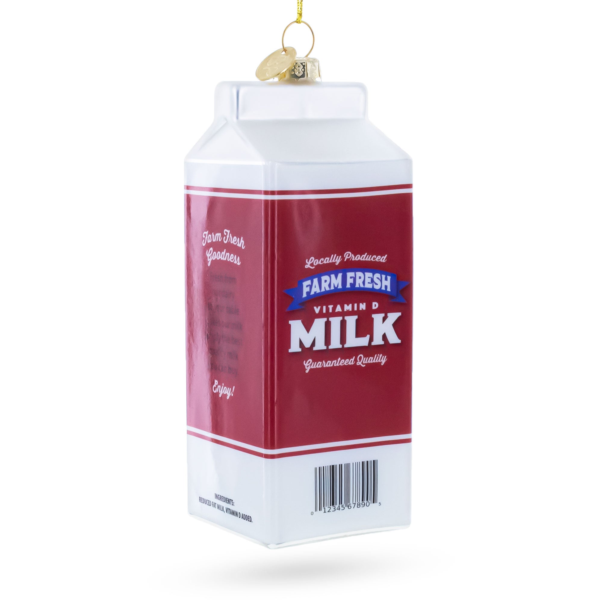 Milk Carton Glass Christmas OrnamentChina , dimensions in inches: 5.6 x 1.9 x 1.9