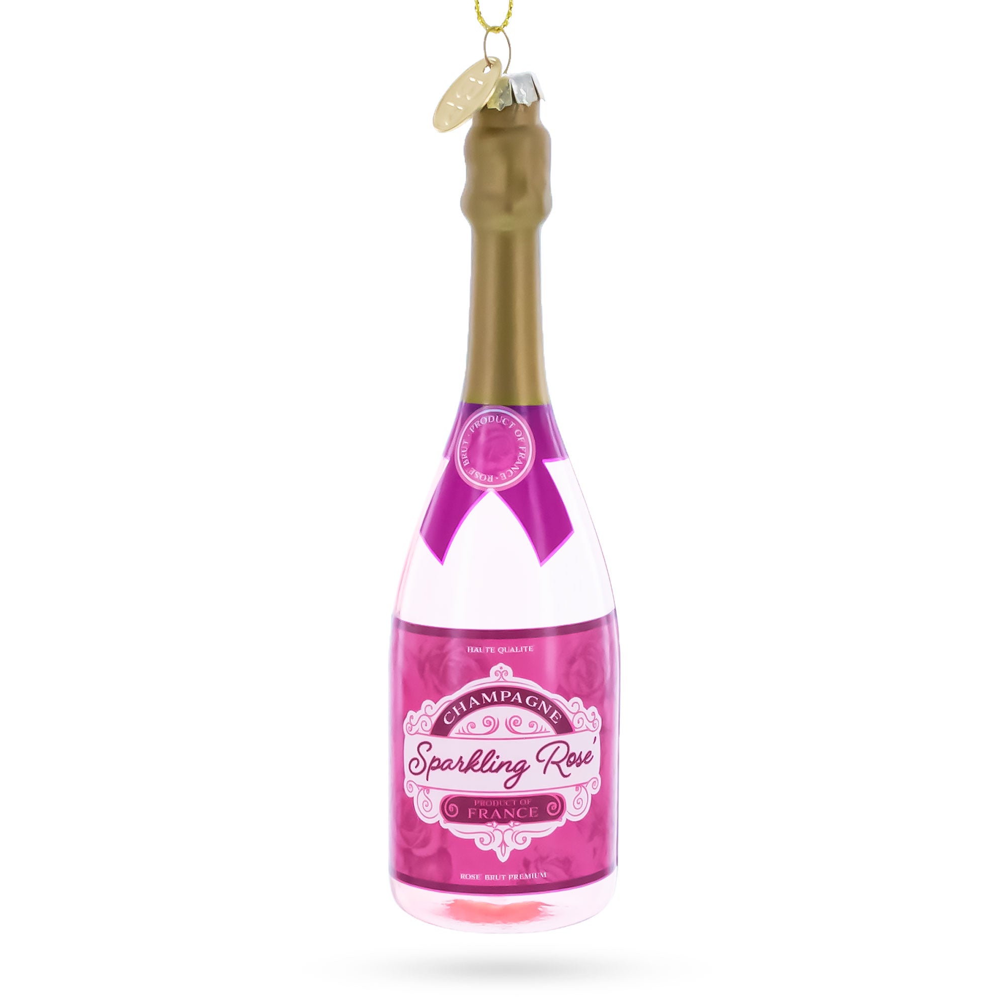 Sparkling Rosé Wine Bottle Glass Christmas Ornament in Pink color Figurine