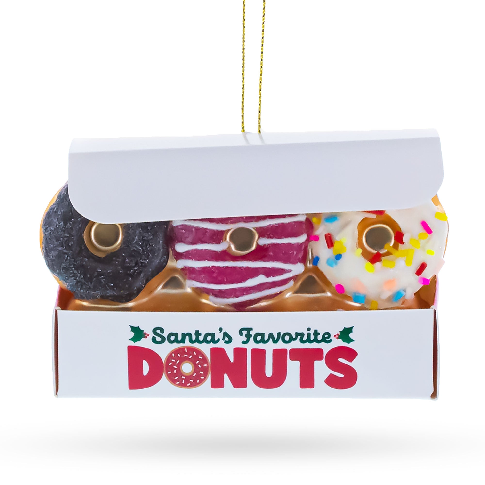 Santa’s Favorite Donuts Box Glass Christmas OrnamentChina , dimensions in inches: 2.3 x 2.6 x 3.7