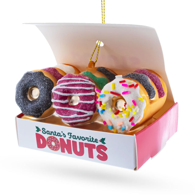 Santa’s Favorite Donuts Box Blown Glass Christmas Ornament in Multi color Figurine