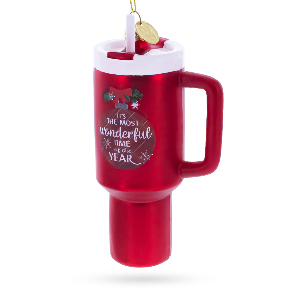 Holiday Coffee Mug Tumbler Glass Christmas Ornament in Red color Figurine