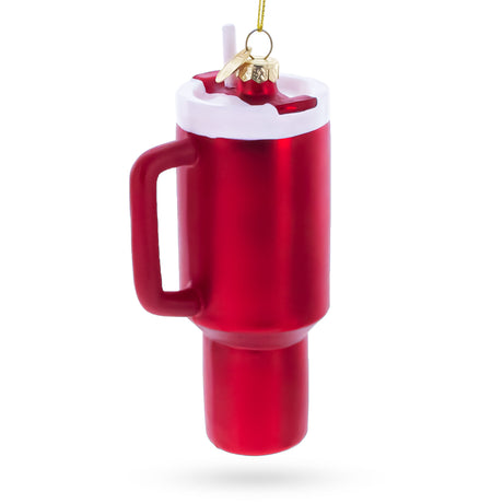 Holiday Coffee Mug Tumbler Blown Glass Christmas Ornament , dimensions in inches: 5.2 x 1.9 x 2.7